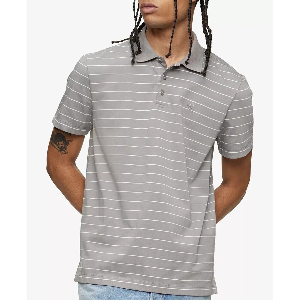 Calvin Klein Men's Smooth Cotton Striped CK Logo Polo Shirt, Cloudburst XL